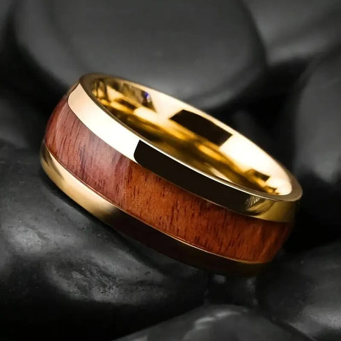 Men's 8mm Tungsten Yellow Gold Hawaii Koa Wood Comfort-Fit Polished Wedding Band