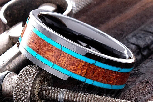 Men's 8mm Titanium Turquoise Wood Comfort-Fit Polished Carbon Fiber Wedding Band