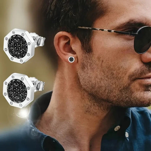 Octagon Micro Pave 14K White Gold Plated Cubic Zirconia Men's Stud Earrings