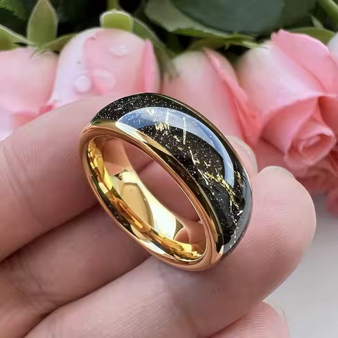 Men's 8mm Titanium Yellow Gold Leaf & Black Sandstone Comfort-Fit Wedding Band