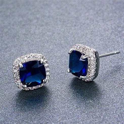 14K White Gold Plated Cushion Cut Square Blue Cubic Zirconia Men Women Earrings