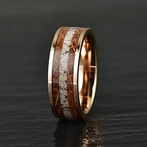 Men's 8mm Tungsten Deer Antler Whiskey Barrel Wood Inlay Engagement Wedding Band