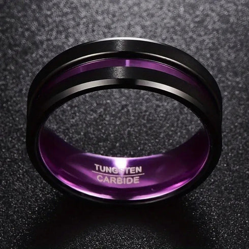 Men 8mm Tungsten Brushed Black Purple Grooved Center Beveled Edges Wedding Band