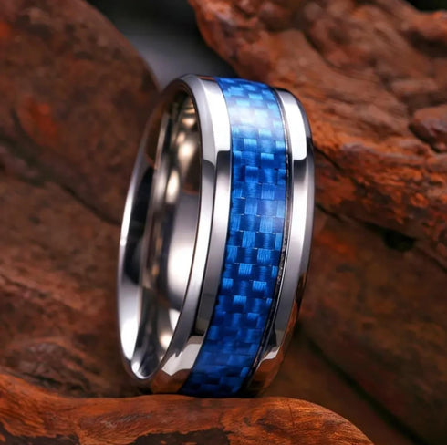 Men 8mm Tungsten Beveled-Edges Blue Carbon Fiber Inlay Comfort-Fit Wedding Band