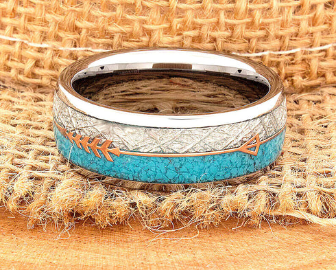 Men's 8mm Tungsten Cupid's Arrow Turquoise & Meteorite Inspired Wedding Band