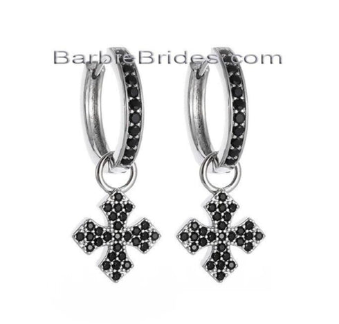 Paved 14K White Gold Plated Black Cubic Zirconia Men Women Cross Dangle Earrings