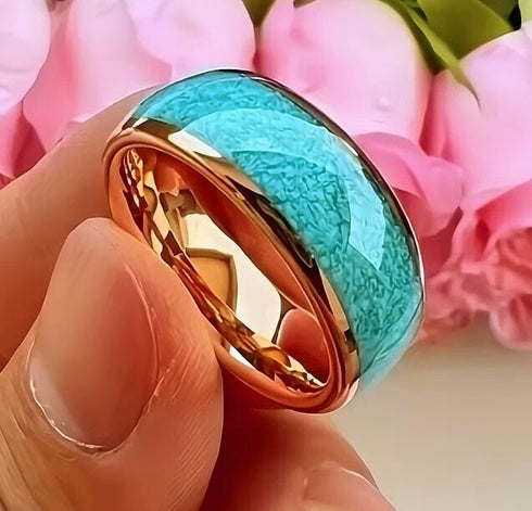 Men 8mm Tungsten Turquoise Domed Polished Carbon Fiber Comfort-Fit Wedding Band