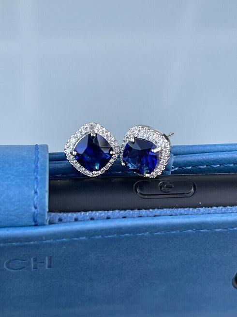 14K White Gold Plated Cushion Cut Square Blue Cubic Zirconia Men Women Earrings