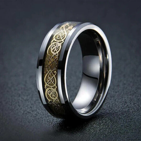 Men's 8mm Beveled Edge Comfort-Fit Yellow Celtic Dragon Tungsten Wedding Band