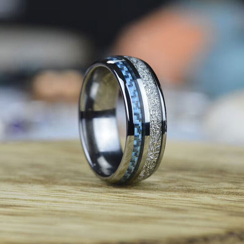 Men's 8mm Tungsten Blue Meteorite Inspired Inlay Comfort-Fit Wedding Band