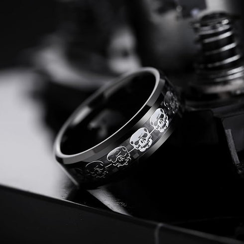 Men 8mm Titanium Black/Blue Laser Skull Carbon Fiber/Matte Black CZ Wedding Band