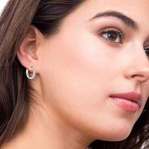 Elegant 14K White Gold Plated Paved Cubic Zirconia Men Women Huggie Hoop Earring