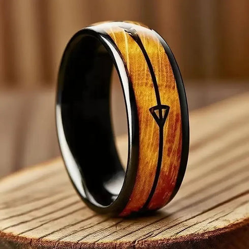 Men's 8mm Tungsten Cupid's Arrow Whiskey Barrel Wood Comfort-Fit Wedding Band