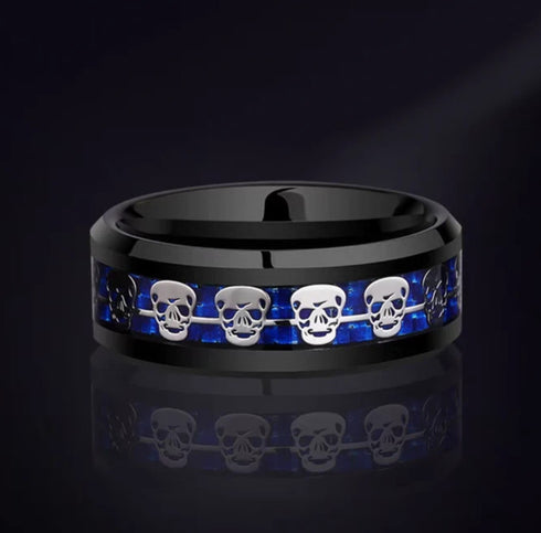 Men 8mm Titanium Black/Blue Laser Skull Carbon Fiber/Matte Black CZ Wedding Band
