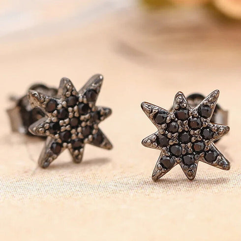 Black Eight Pointed Star Cubic Zirconia Versatile Stud Earrings For Men & Women