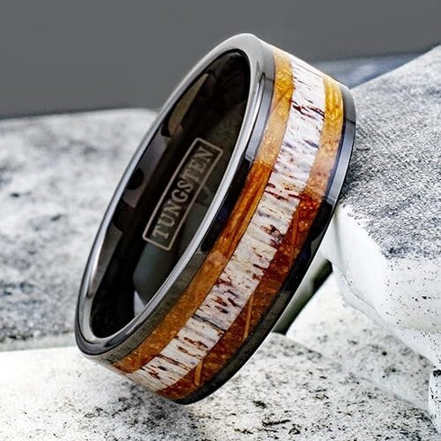 Men's 8mm Tungsten Deer Antler Whiskey Barrel Wood Inlay Engagement Wedding Band