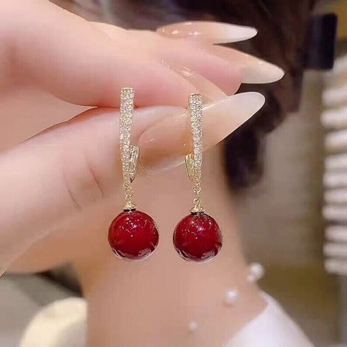 Stunning Red Pearl Drop 14K Gold-Plated Cubic Zirconia Women Earrings