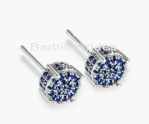 Micro Pave 14K White Gold Plated Blue Cubic Zirconia Men Women Cluster Earrings