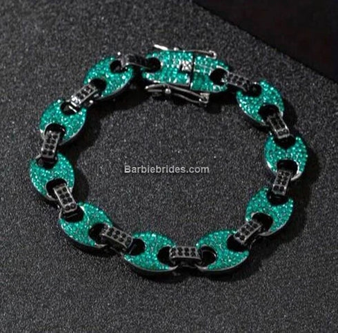 2-Pc FULLY ICED Round Cut Rhodium Plated Green Black CZ Necklace & Bracelet Set