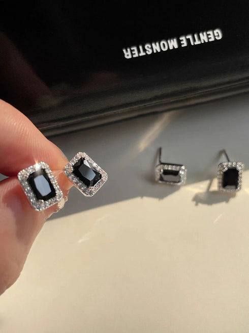 Baguette Cut 14K White Gold Plated Black Cubic Zirconia Men Women Stud Earrings