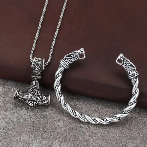 Nordic Viking Wolf Head Thor's Hammer Men Women Mjolnir Necklace & Bracelet Set