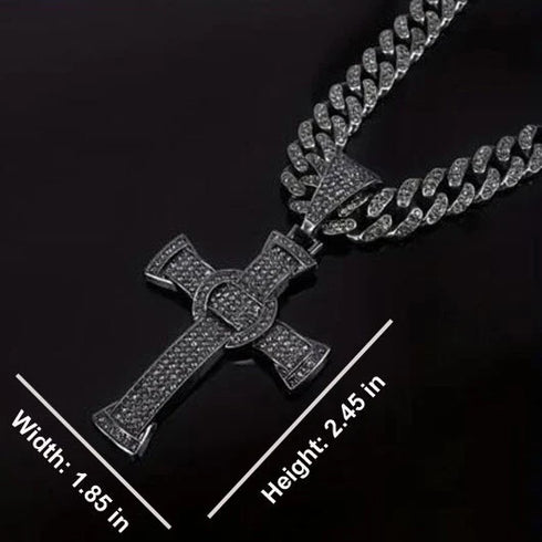 Rhodium Plated Iced Out Black CZ Cuban Chain Cross Pendant & Necklace