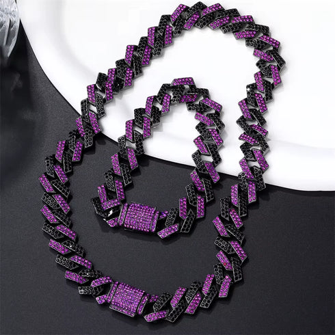 2Pc FULLY ICED Bling Rhodium Plated Purple Black CZ Cuban Link Necklace+Bracelet