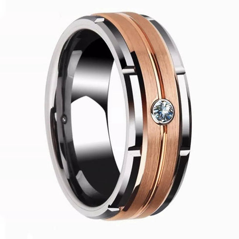 2-Tone Brushed Rose Gold Zircon Inlay Comfort-Fit 8mm Titanium Wedding Band