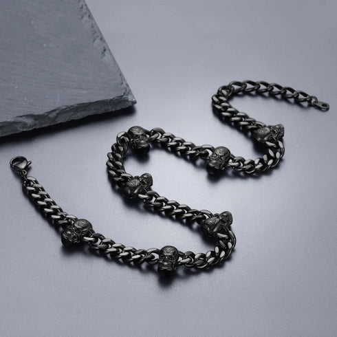 2 Pcs Black Gothic Thorns Skull Rhodium Plated Cuban Halloween Necklace & Bracelet