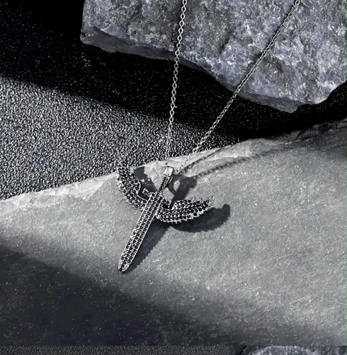 3Pc Iced Out 14KWhite Gold Plated CZ Angel Cuban Chain Pendant Necklace & Bracelet