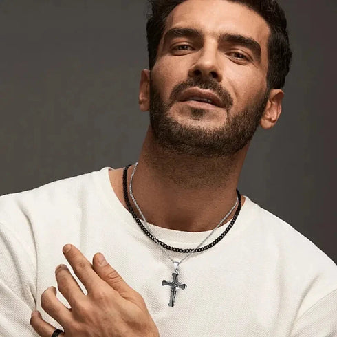 Titanium Stylish & Elegant Black/Gold Cubic Zirconia Cross Pendant Necklace