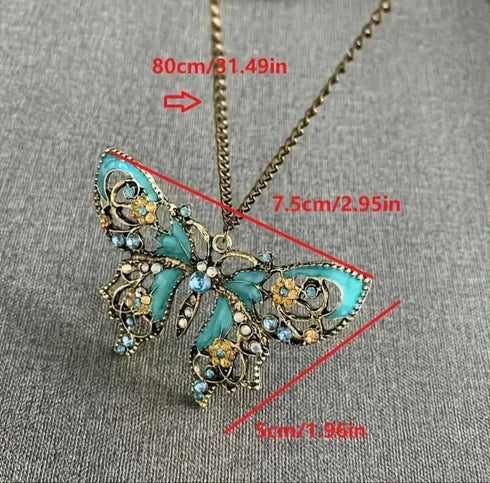 Exaggerated Boho Vintage Hollow Enameled Turquoise Butterfly Pendant Necklace