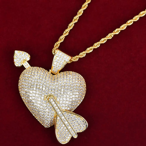 Iced Out Arrow Heart Bling 18K Gold Plated Cubic Zirconia Pendant Necklace