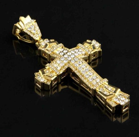 Iced Out Bling 18K Gold Plated Cubic Zirconia Cross Pendant Necklace