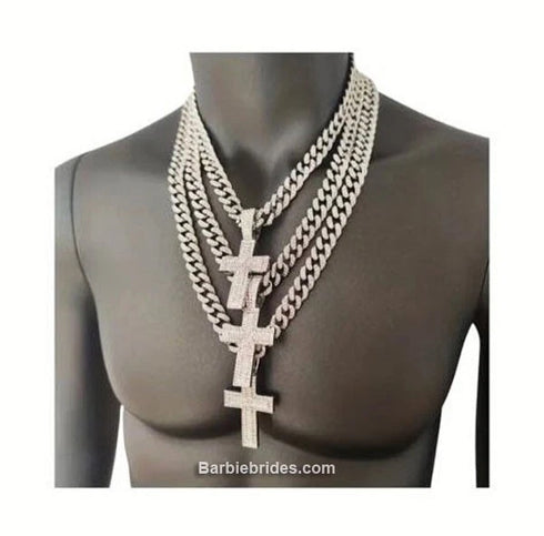 3-Pcs Iced 14K White Gold Plated CZ Large Cross Pendant with Cuban Necklace & Bracelet