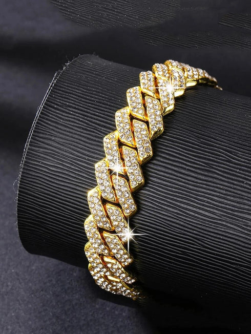 2-Pc ICED OUT 14K Gold Plated Gold/Silver CZ Cuban Chain Bracelet & Necklace Set