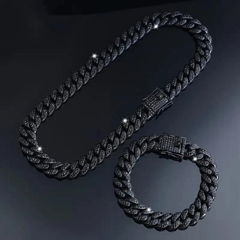 2 Pcs Men Women FULLY ICED Black Rhodium Plated Cubic Zirconia Necklace & Bracelet