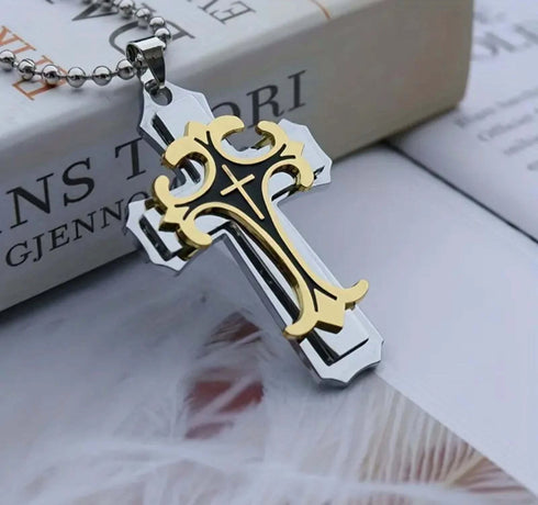 Titanium Creative Multi-Layer Gold Silver Cross/CZ Owl Pendant Necklace