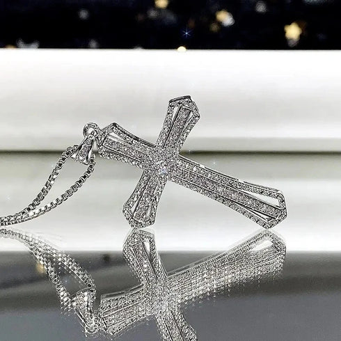 Iced Out Bling 14K Gold Plated Cubic Zirconia Blessed Cross Pendant Necklace