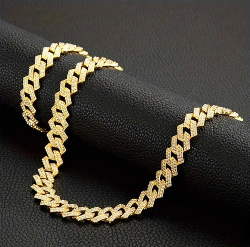 2-Pc Men FULLY ICED Thick 14K Gold Plated CZ Miami Cuban Link Necklace+Bracelet