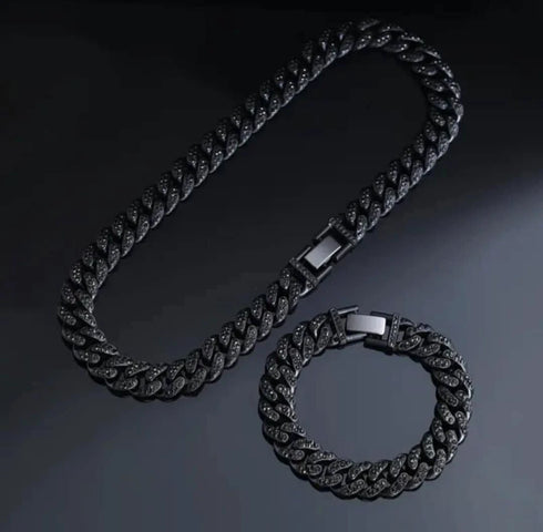 2Pcs Men Iced Out Gun Black Rhodium Plated CZ Cuban Link 55CM Necklace & Bracelet Set