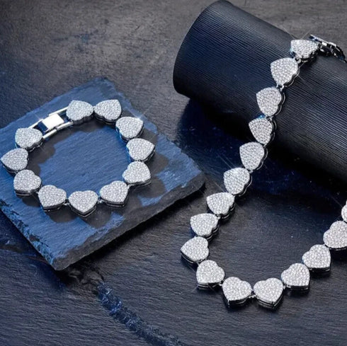 2-Pcs FULLY ICED 14K Gold Plated Heart Shape CZ Tennis Chain Necklace & Bracelet