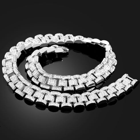 2Pc Men FULLY ICED Watch Band Baguette Chain 14KGold Plated CZ Necklace & Bracelet