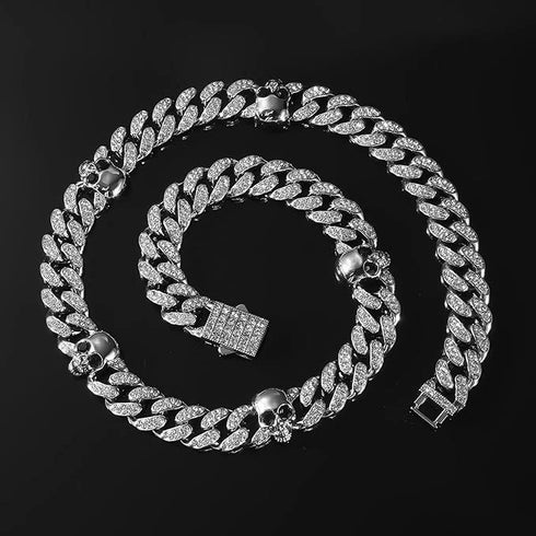 2-Pc Iced Out Skull Rhodium Plated Cubic Zirconia Unisex Cuban Necklace & Bracelet