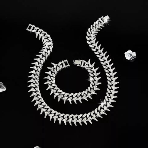 2 Pc FULLY ICED 14K White Gold Plated CZ Thorn Cuban Link Chain Necklace & Bracelet