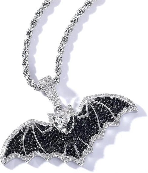 Iced Out Paved 14K White Gold Plated Cubic Zirconia Black Bat Pendant Necklace