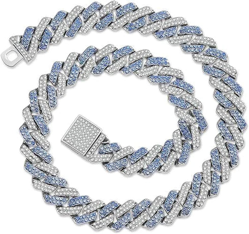 2 Pc Men Women FULLY ICED Rhombus Blue Cuban Link Chain 2Row CZ Necklace & Bracelet