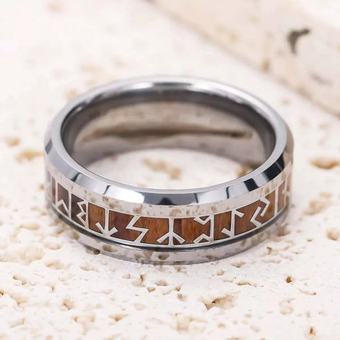 Men's 8mm Tungsten Viking Runes Pattern Wood Inlay Comfort-Fit Wedding Band