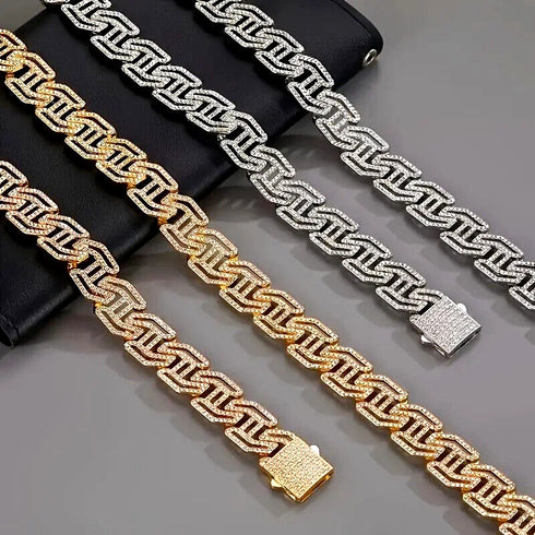 2-Pc ICED OUT Tiger Head 14K Gold Plated CZ Wide 'H' Shape Cuban Chain Necklace