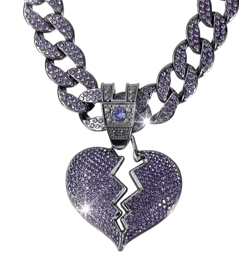 ICED OUT Broken Heart Rhodium Plated Purple Cubic Zirconia Cuban Chain Necklace